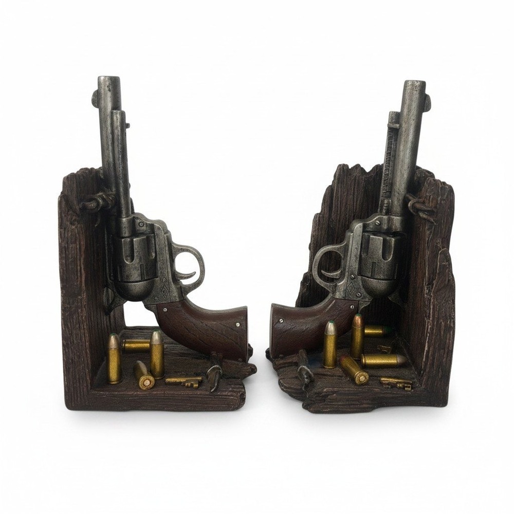 Western Revolver Bookends OS Brown Silver Rustic Cowboy Decor Set